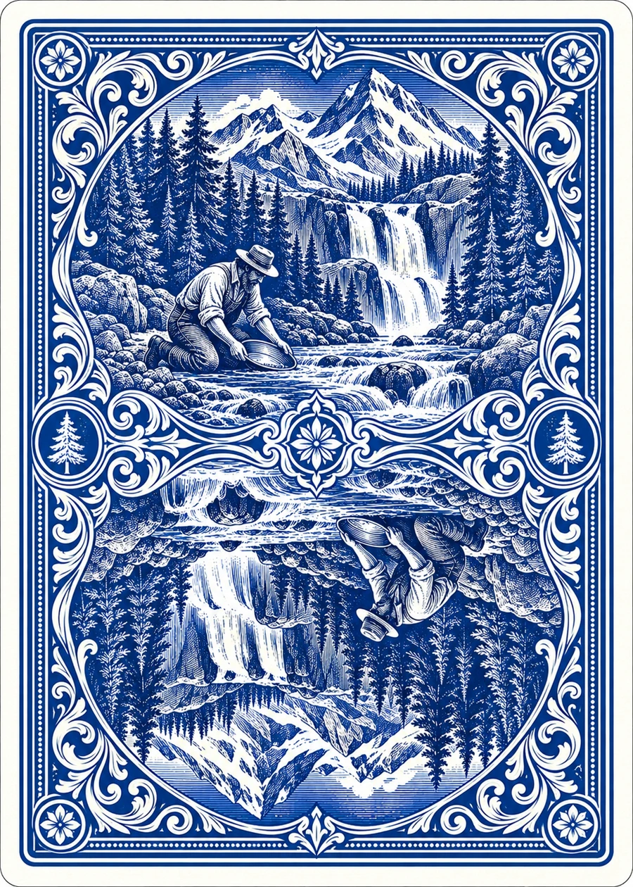 The app’s royal-blue engraved card back, featuring mountains, pines, and a waterfall