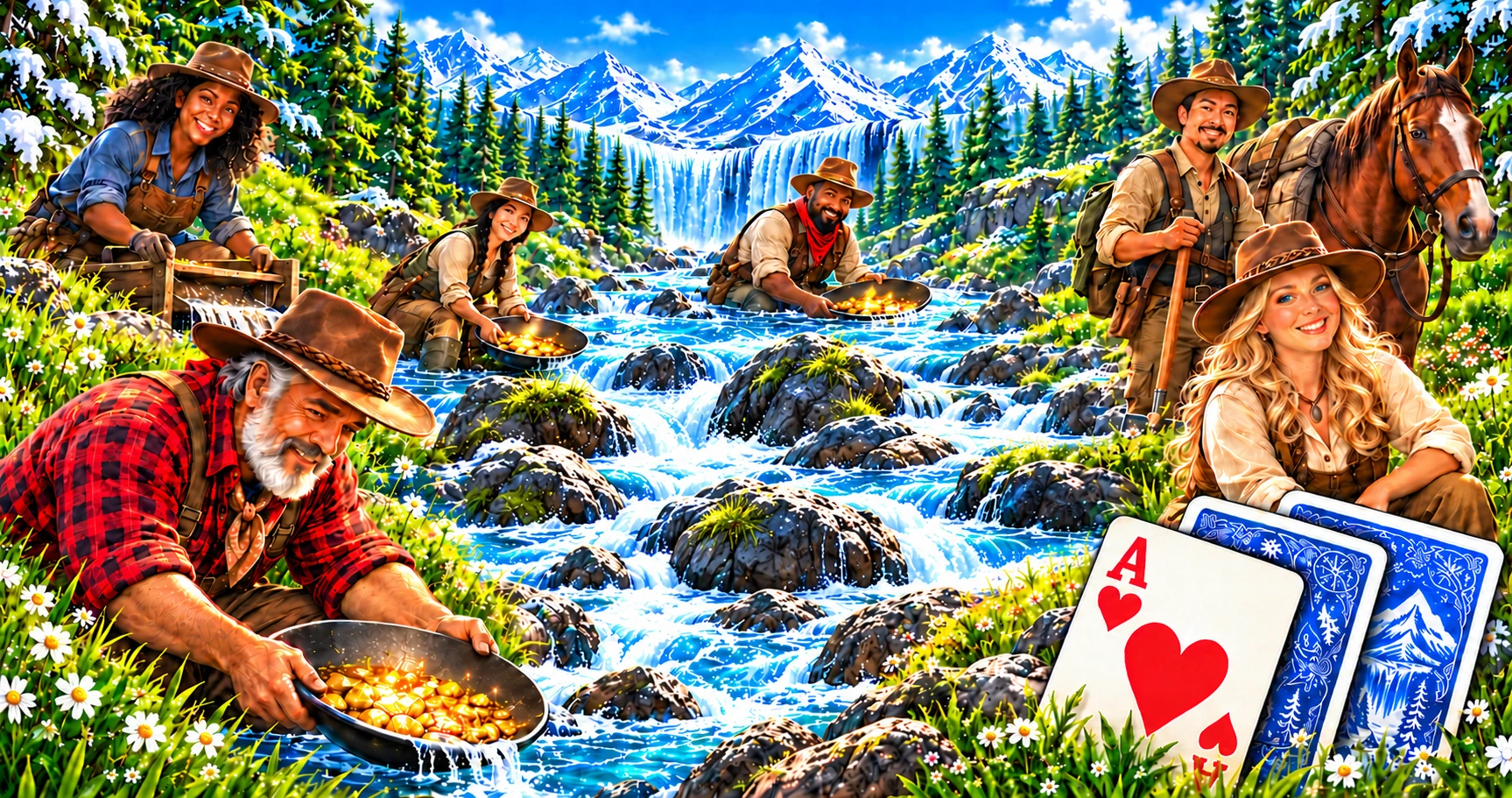 Gold prospectors beside a mountain waterfall in the Klondike