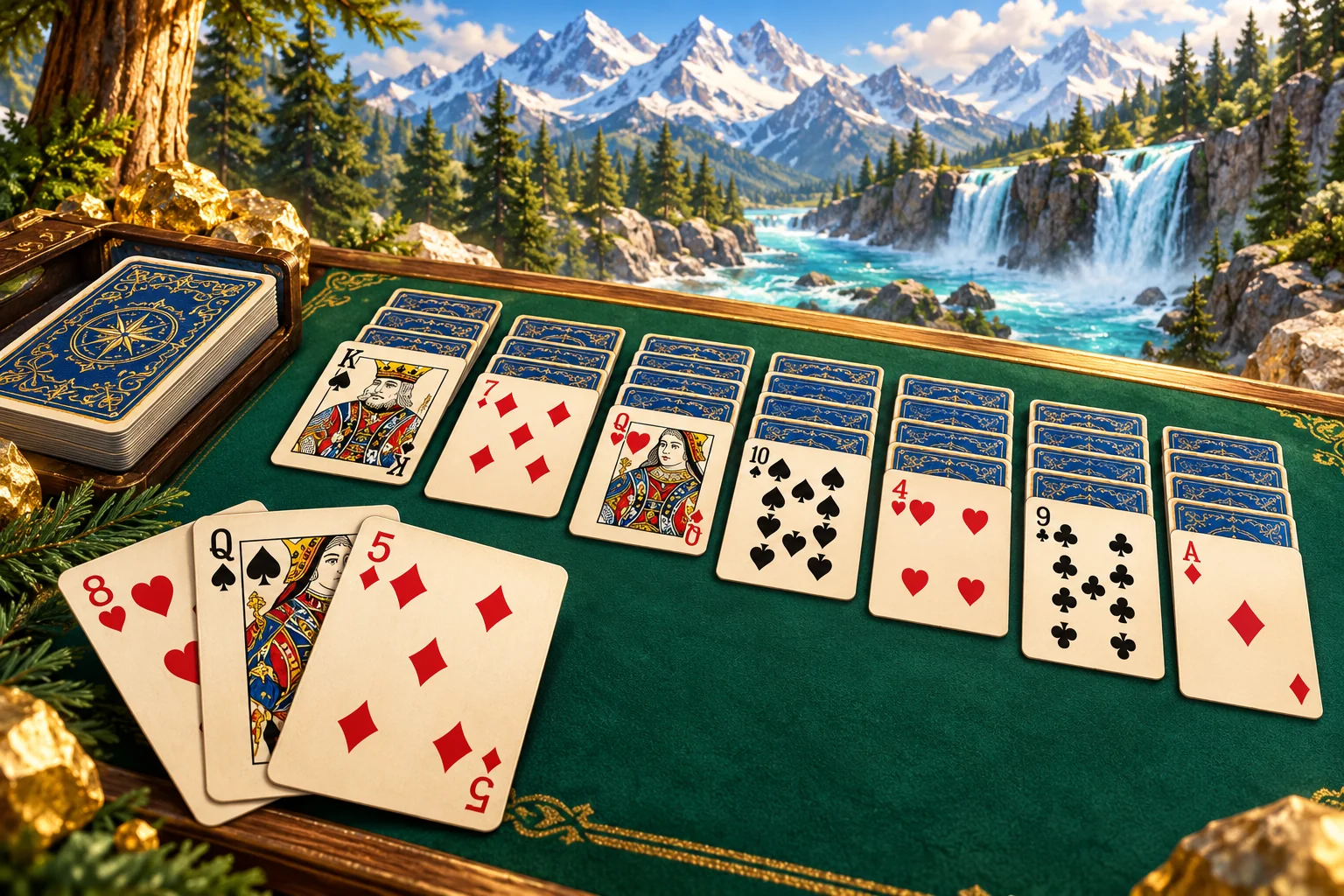 Classic Solitaire illustration: Three ivory draw cards fanned beside a classic solitaire-inspired tableau.