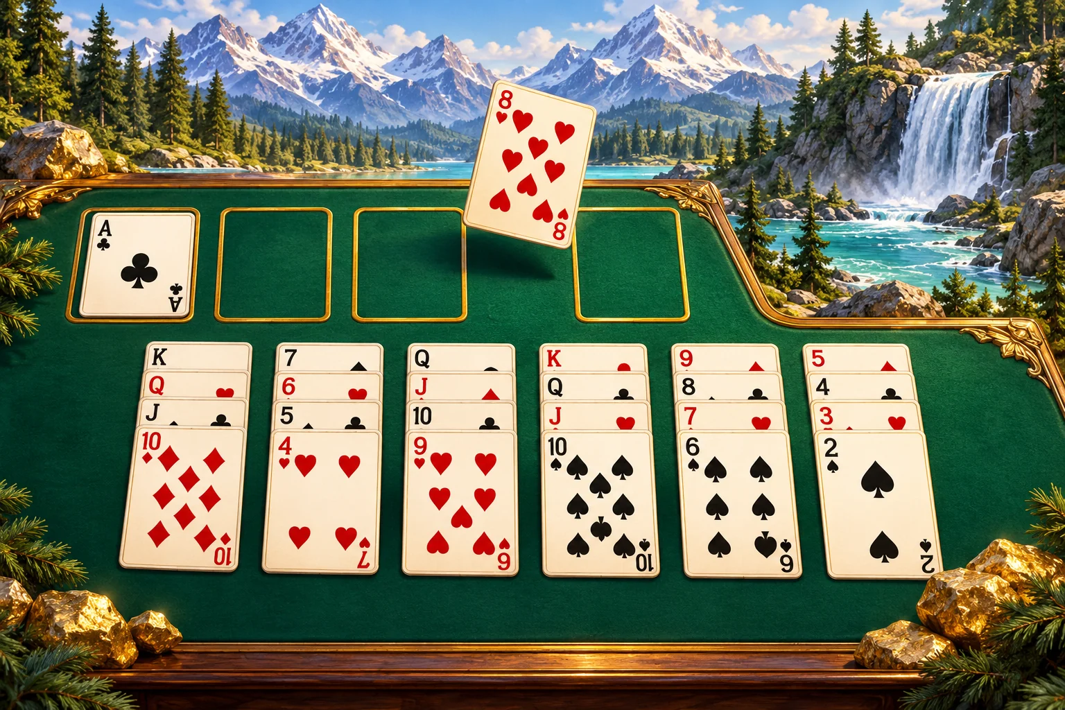 Free Cell: How to Play illustration: An ivory card moving toward an empty FreeCell space on a clear emerald workspace.