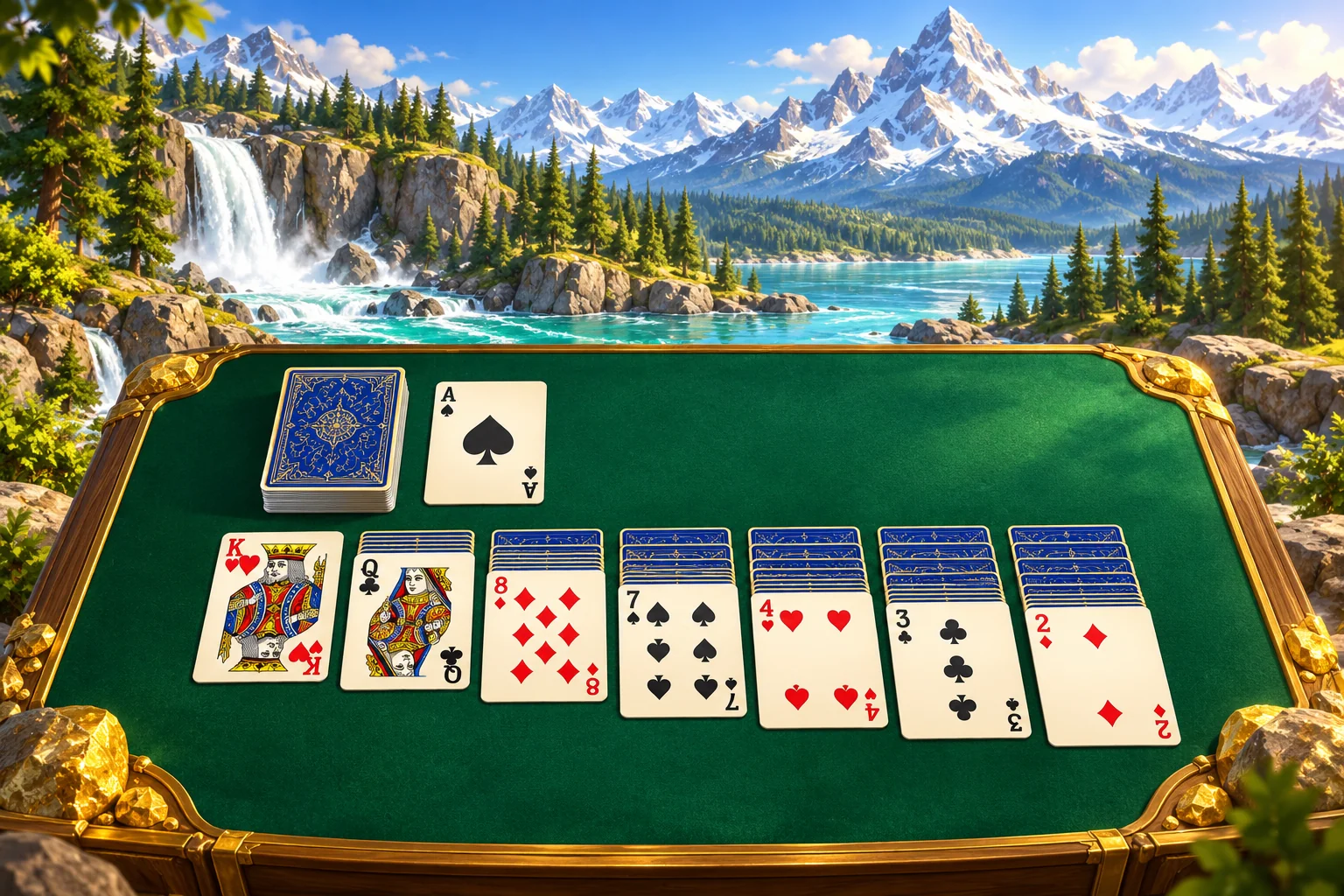 Free Solitaire Games illustration: A quiet emerald solitaire table with ivory cards and a blue-backed deck in an alpine setting.