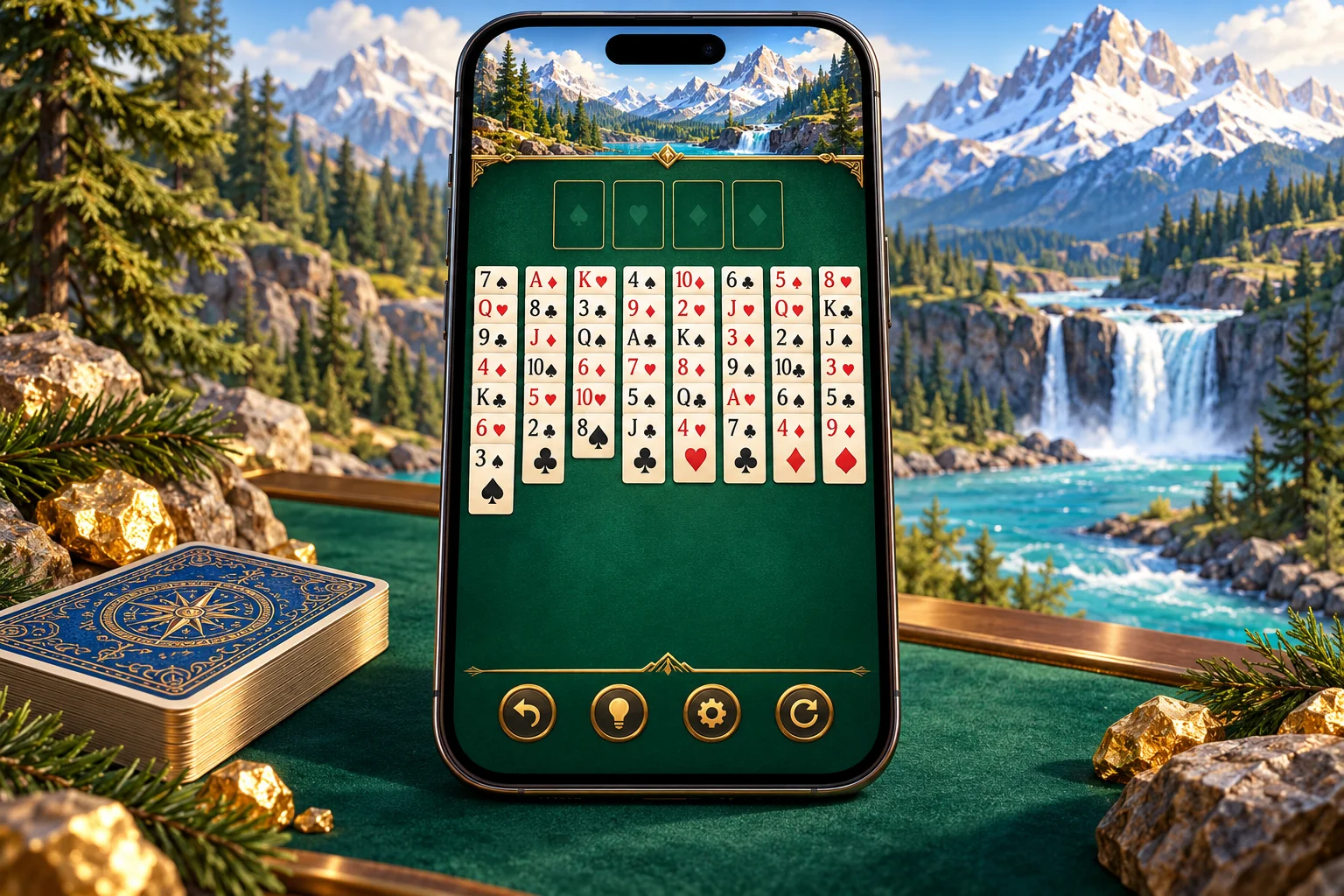FreeCell App — Klondike Gold 24K illustration FreeCell App illustration: An illustrated phone displaying a FreeCell-inspired emerald card board.