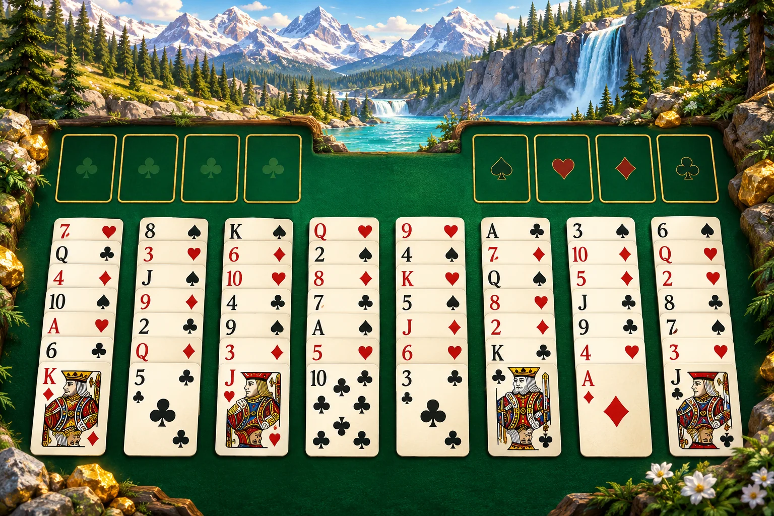 FreeCell illustration: A FreeCell-inspired board with open cards and four empty gold-outlined free cells.