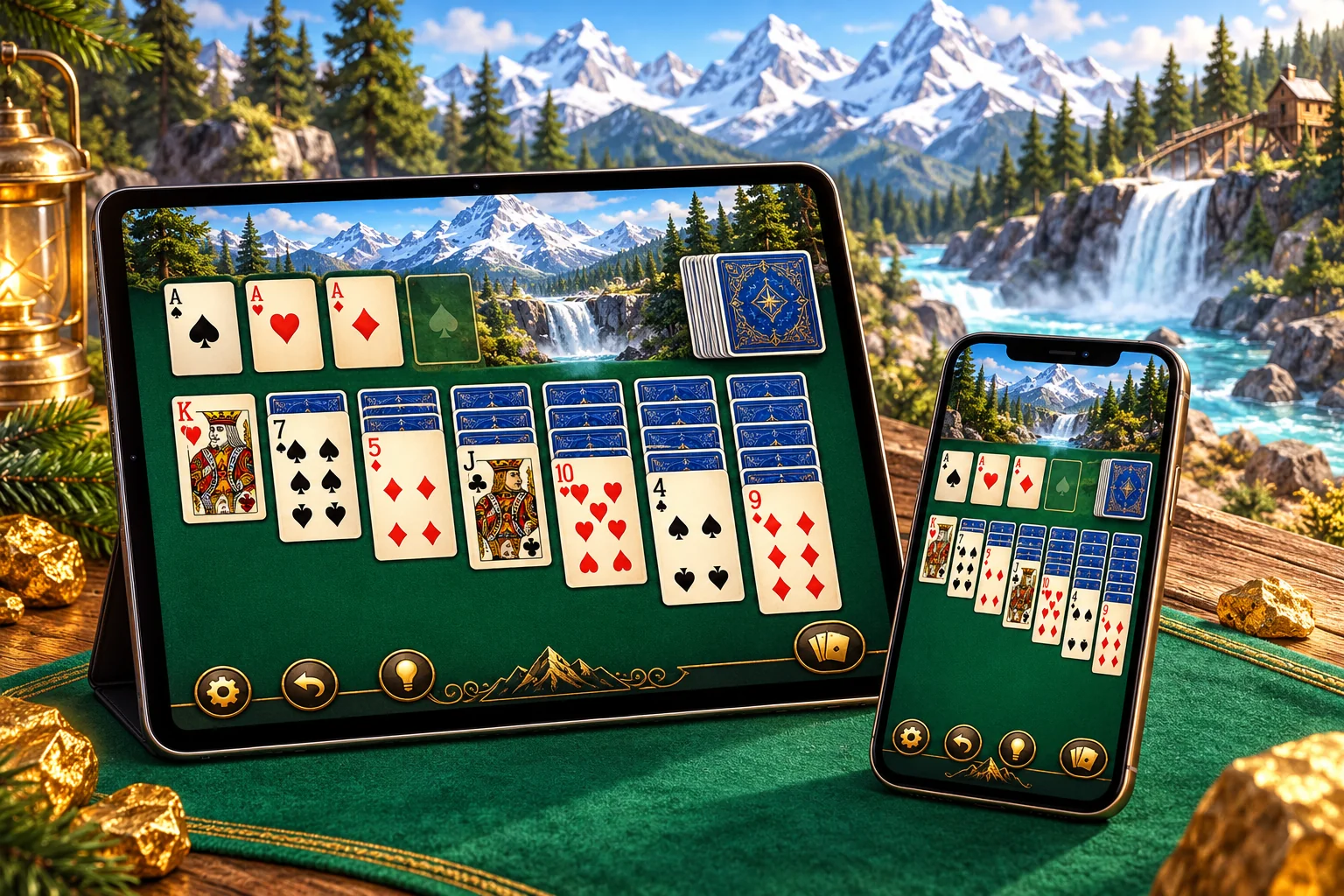 Klondike Solitaire App illustration: Illustrated phone and tablet displaying Klondike-inspired emerald card boards.