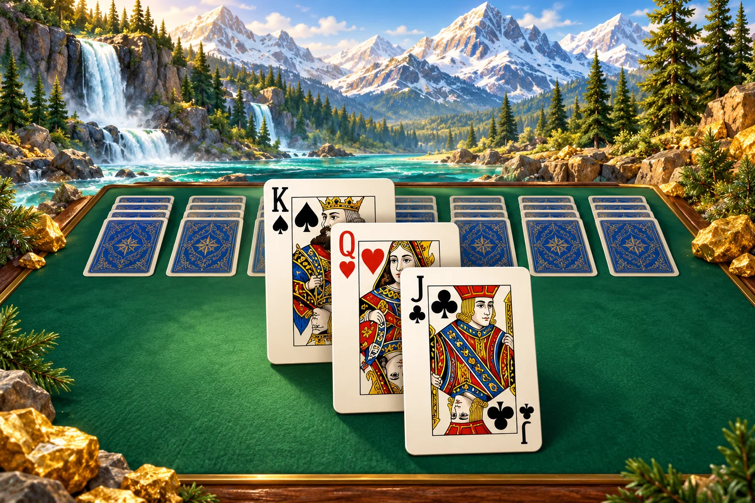 Klondike Solitaire: How to Play — Klondike Gold 24K illustration Klondike Solitaire: How to Play illustration: An alternating black king, red queen and black jack card sequence on emerald felt.