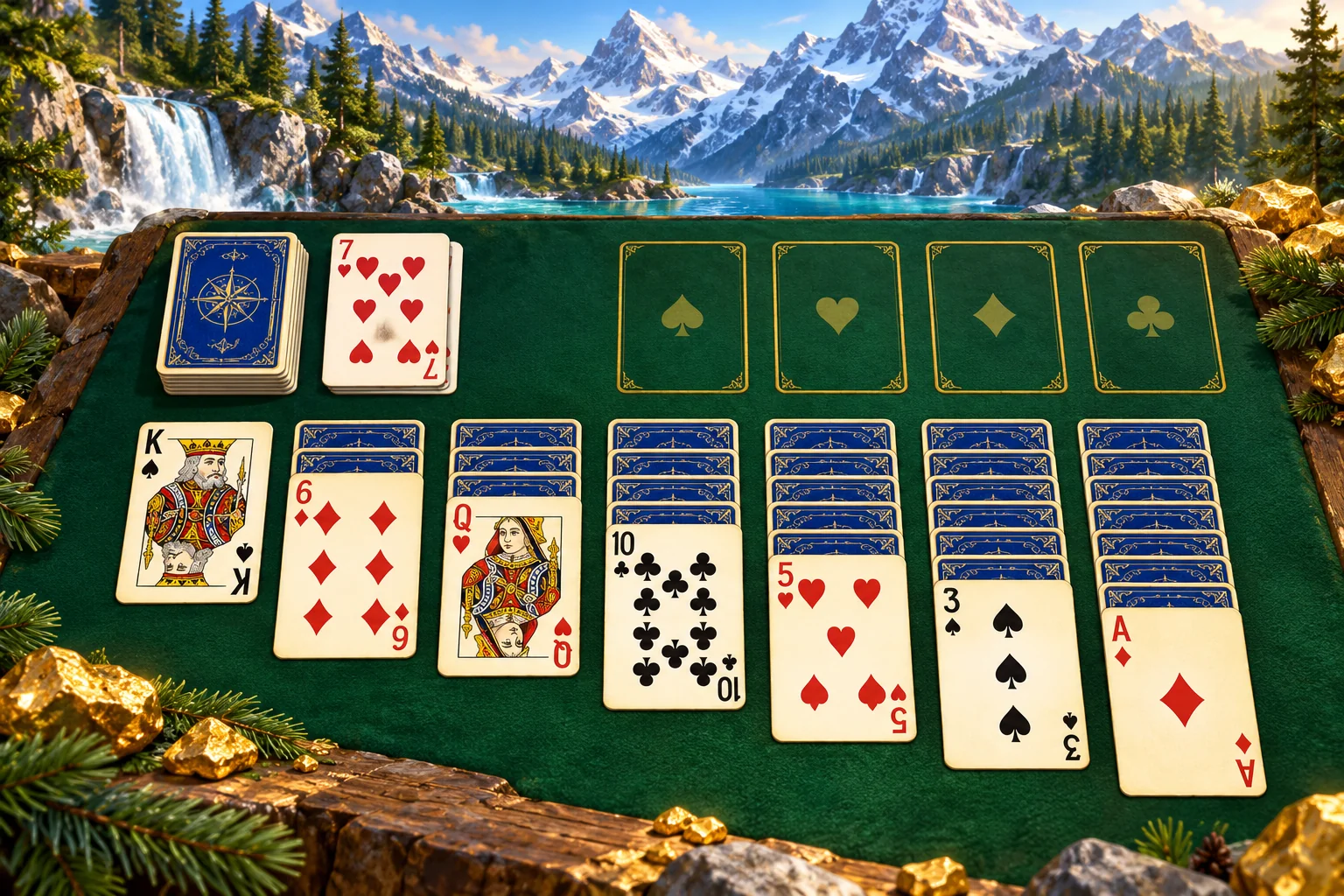 Klondike Solitaire illustration: A seven-column Klondike-inspired tableau on emerald felt with alpine scenery.