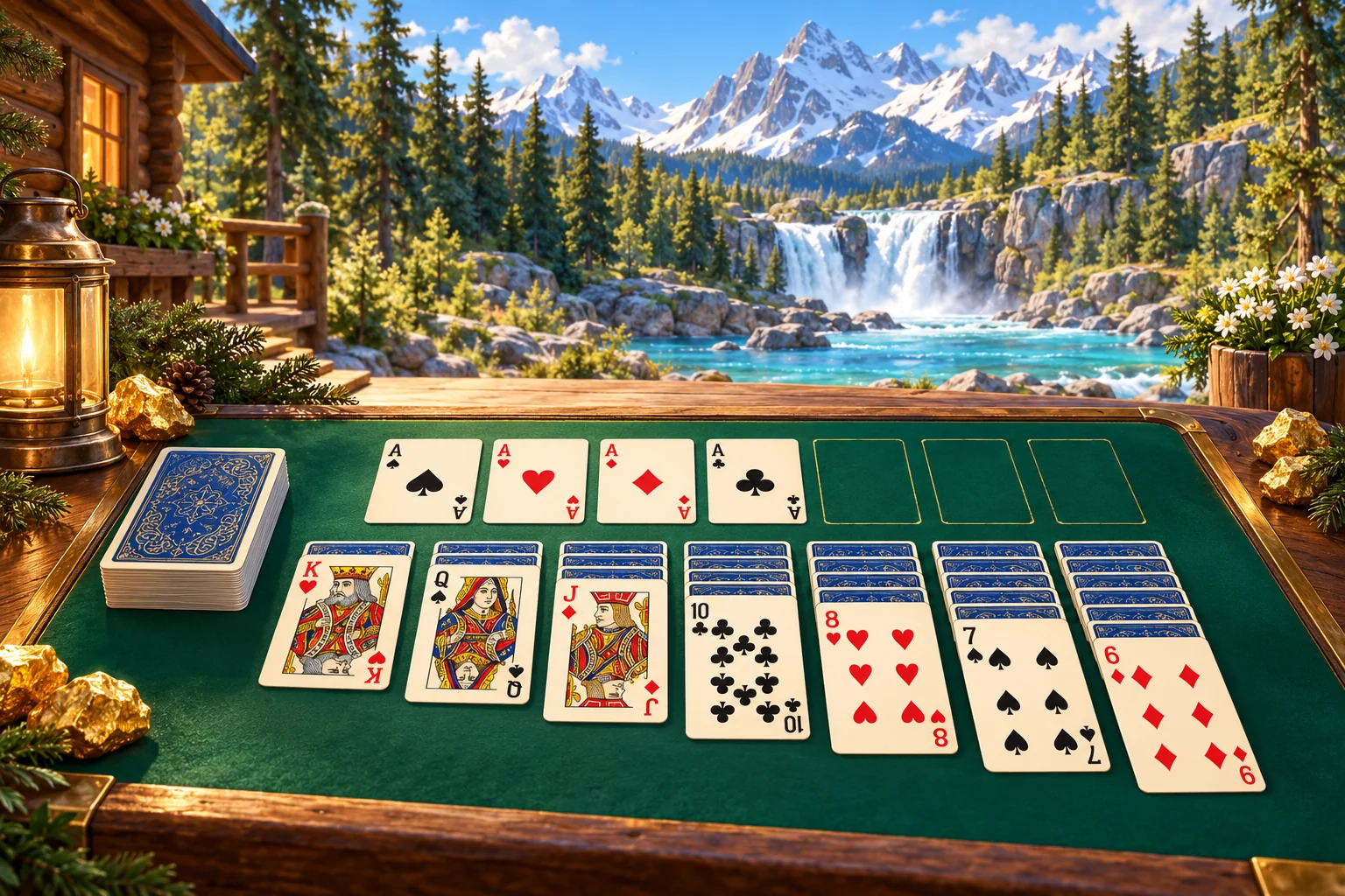 Offline Solitaire illustration: A quiet solitaire card table beside a timber cabin and alpine river.
