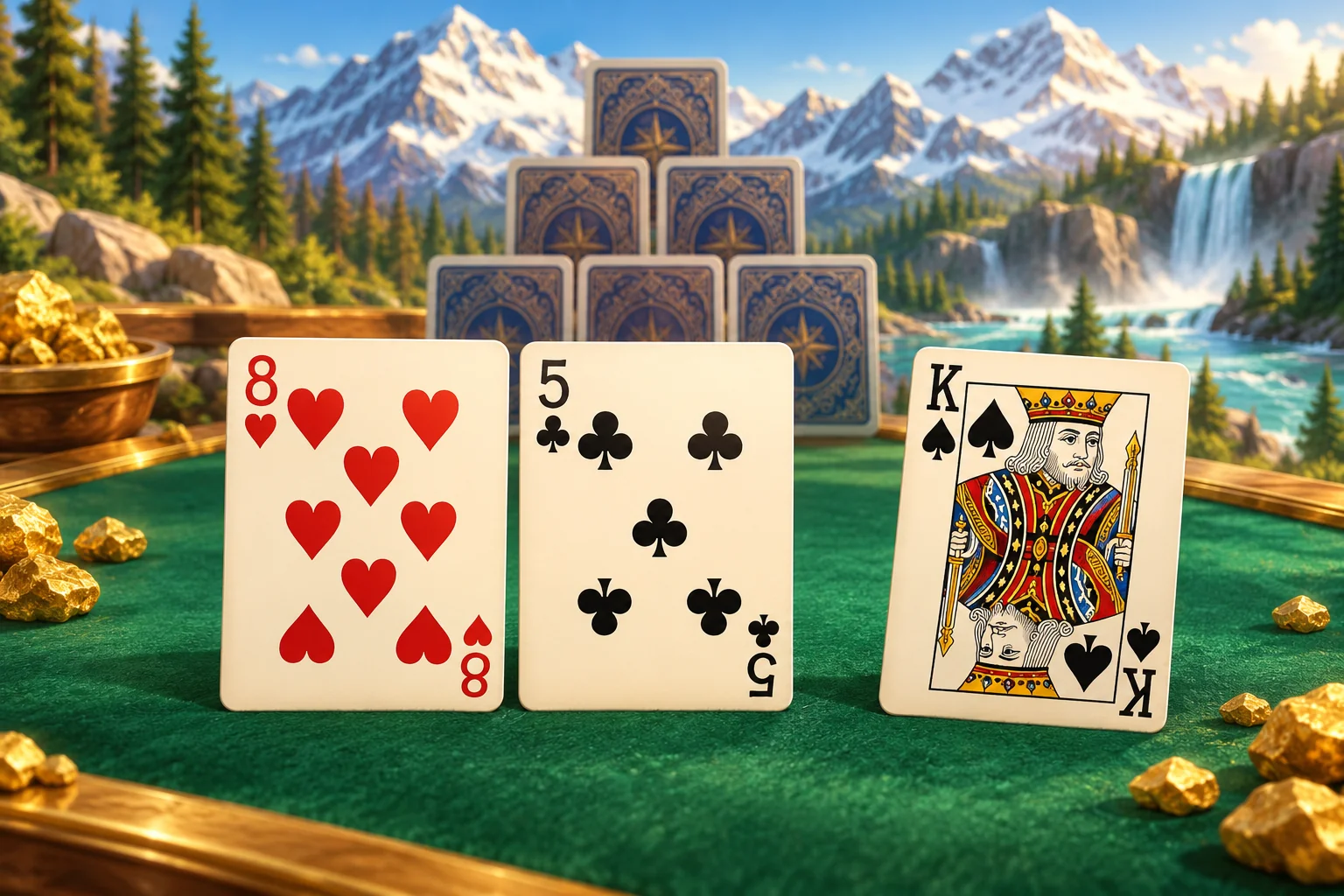 Pyramid Card Game: How to Play illustration: Eight and five rank cards paired together, with a king card set aside on emerald felt.