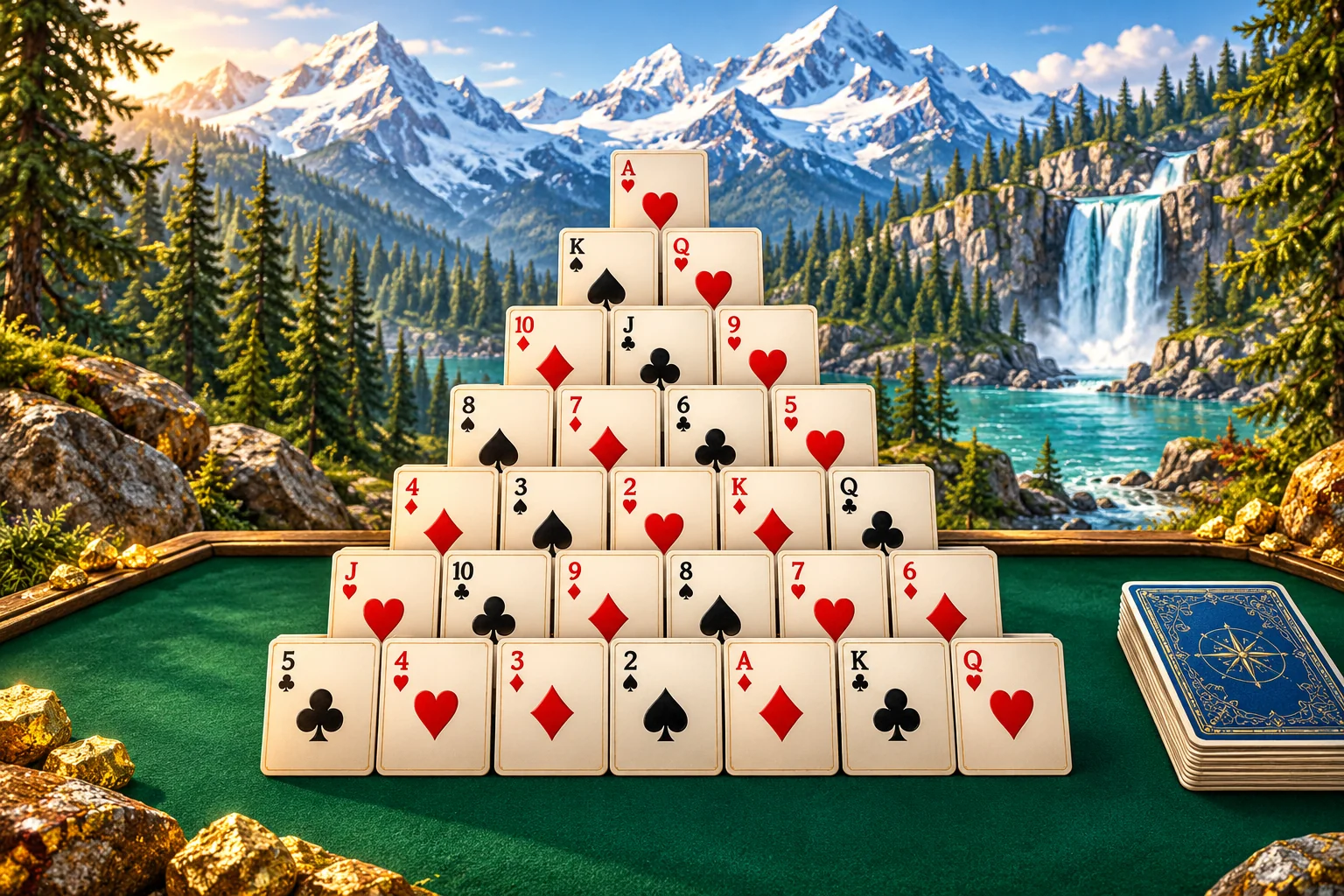 Pyramid Solitaire — Klondike Gold 24K illustration Pyramid Solitaire illustration: A pyramid of ivory playing cards on an emerald table in an alpine forest.