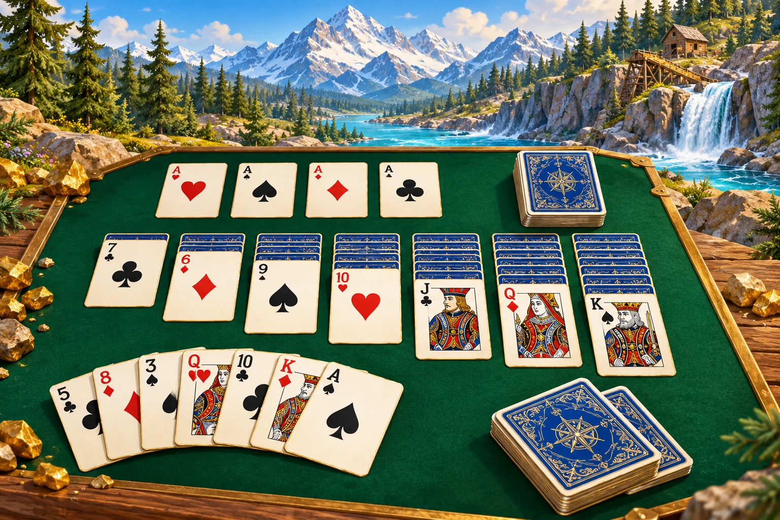 Solitaire Games illustration: An assortment of ivory solitaire cards on an emerald table beneath snowy mountains.