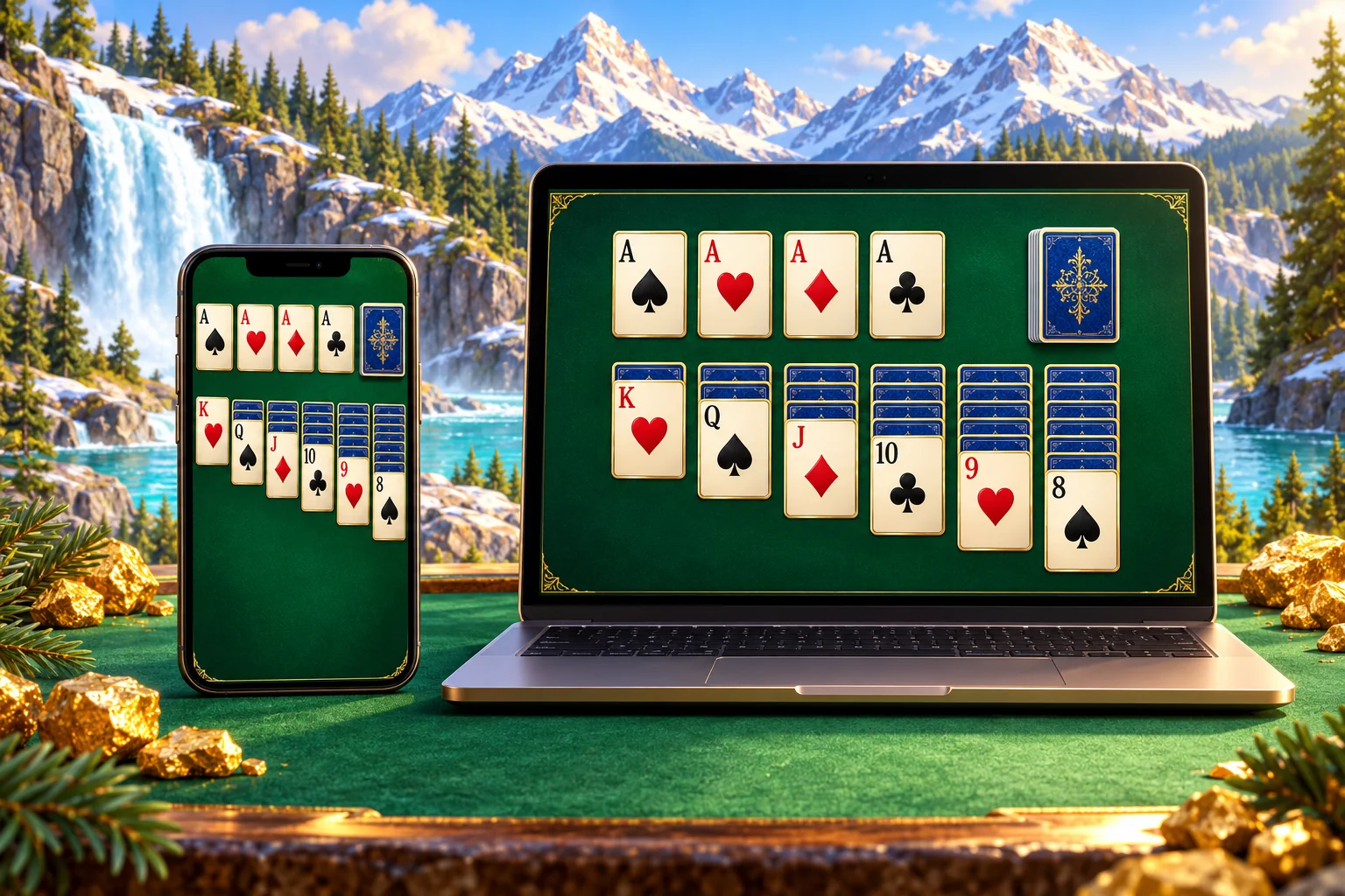 Solitaire Online illustration: Editorial phone and laptop illustrations showing solitaire-inspired emerald card boards.