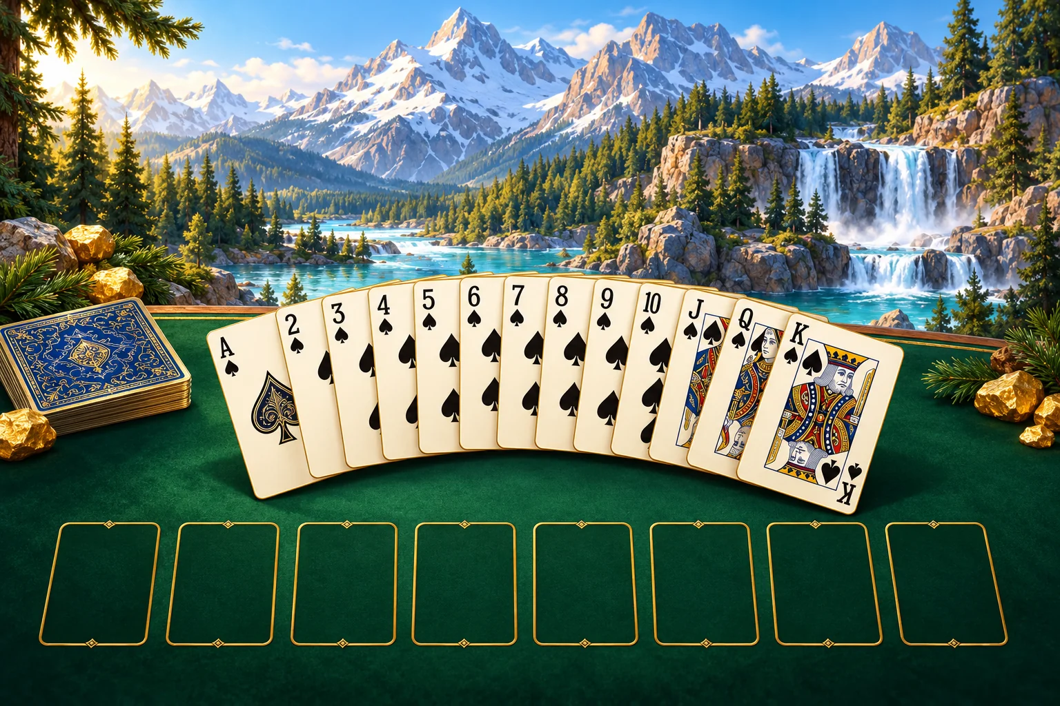 Spider Solitaire 1 Suit illustration: A black-spade-only card fan above eight subtle gold completion slots.