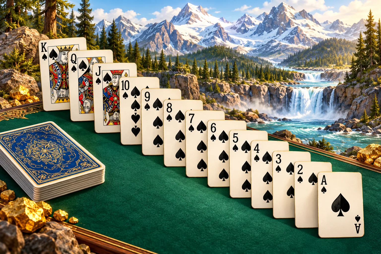 Spider Solitaire: How to Play illustration: A single descending black-spade run across an emerald solitaire table.