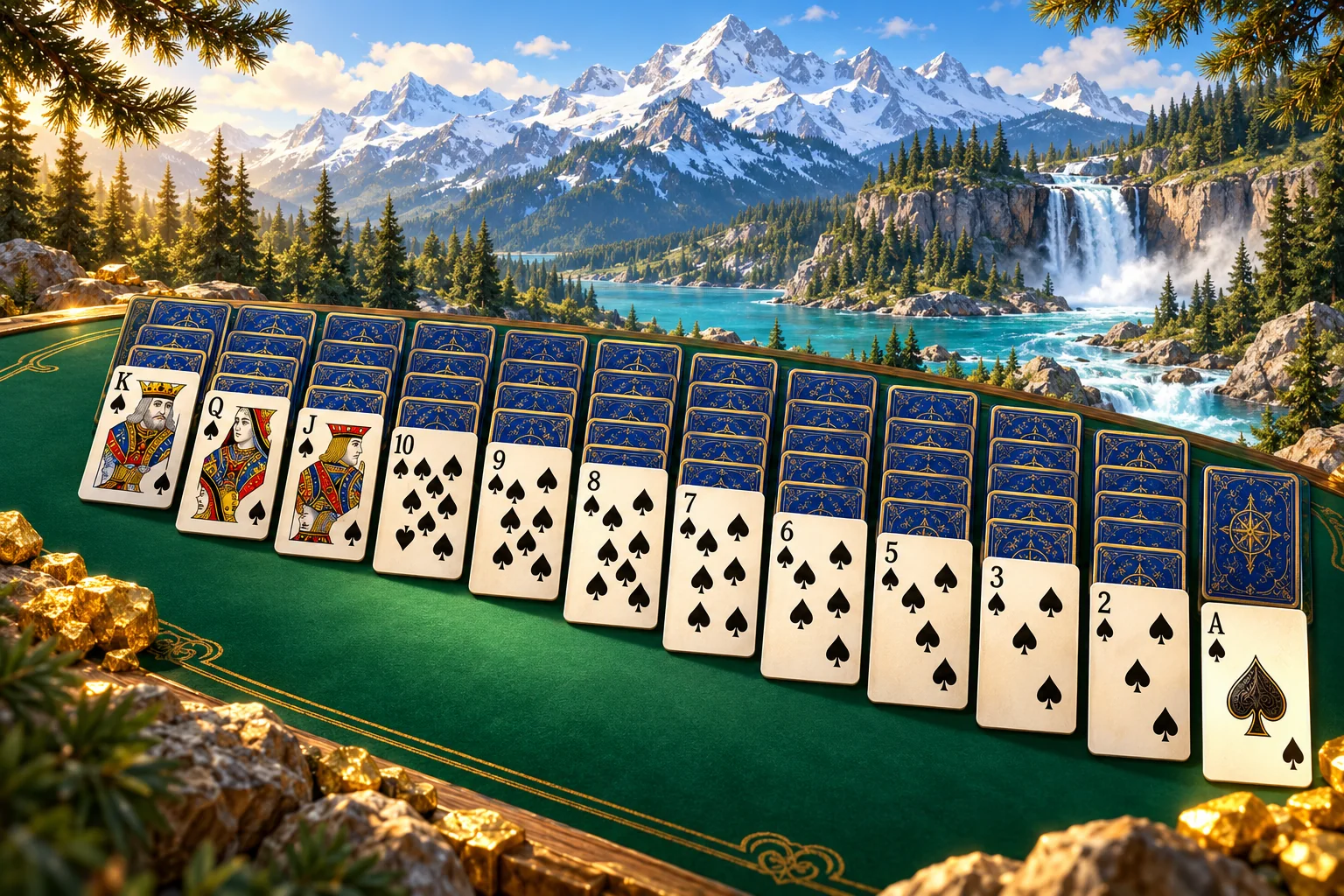 Spider Solitaire illustration: Descending black-spade card runs on an emerald table framed by mountain forest.