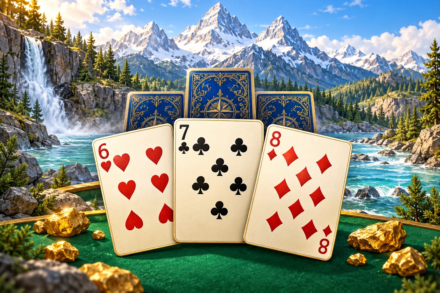 Tri Peaks Solitaire: How to Play illustration: Six, seven and eight cards fanned beside a turquoise alpine river.