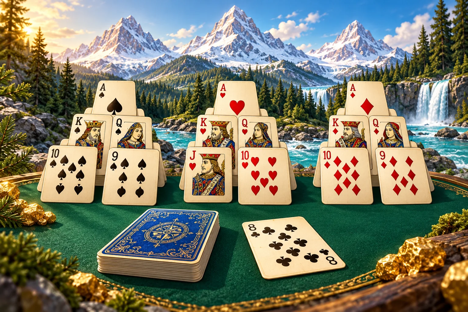 Tri Peaks Solitaire illustration: Three peaks of ivory cards echoed by snowy mountain summits.